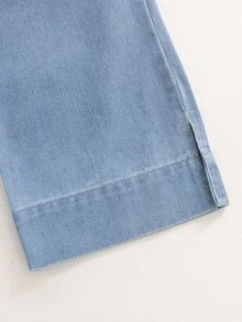 SHEIN 女童淺藍色水洗舒適牛仔褲，休閒牛仔風日常寬腿褲，寬褲腳開衩設計，柔軟牛仔布料 - 淺色水洗藍 - 查看 4