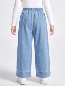 SHEIN 女童淺藍色水洗舒適牛仔褲，休閒牛仔風日常寬腿褲，寬褲腳開衩設計，柔軟牛仔布料 - 淺色水洗藍 - 查看 3