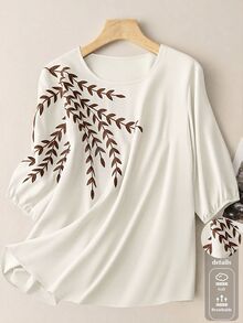 SHEIN LUNE 大尺碼女款優雅休閒對比領白色刺繡襯衫 秋季早午餐生日優雅女式襯衫 - 杏色 - 查看 1