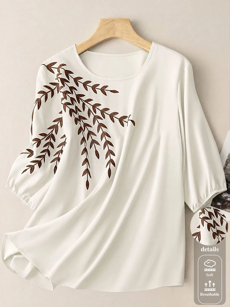 SHEIN LUNE 大尺碼女款優雅休閒對比領白色刺繡襯衫 秋季早午餐生日優雅女式襯衫 - 杏色 - 查看 1