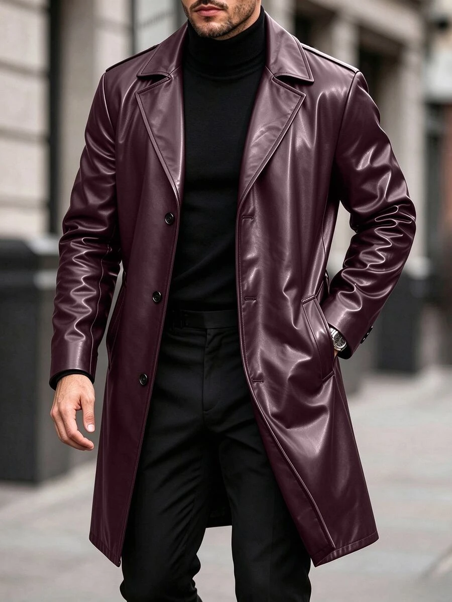 Manfinity CasualCool 男士 PU 布料單排扣黑色秋季優雅晚宴風衣，寬鬆極簡翻領長版外套，適合送給丈夫/男友的週年禮物 - 巧克力棕 - 查看 1