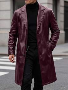 Manfinity CasualCool 男士 PU 布料單排扣黑色秋季優雅晚宴風衣，寬鬆極簡翻領長版外套，適合送給丈夫/男友的週年禮物 - 巧克力棕 - 查看 5