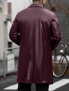 Manfinity CasualCool 男士 PU 布料單排扣黑色秋季優雅晚宴風衣，寬鬆極簡翻領長版外套，適合送給丈夫/男友的週年禮物 - 巧克力棕 - 查看 2