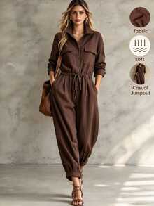 Trelyra Women's Dark Brown Vintage Casual Jumpsuit With Waist Cinched Design, Suitable For Outings, Commuting, Holidays, Autumn Wear Everyday Travel - Brown - View 2