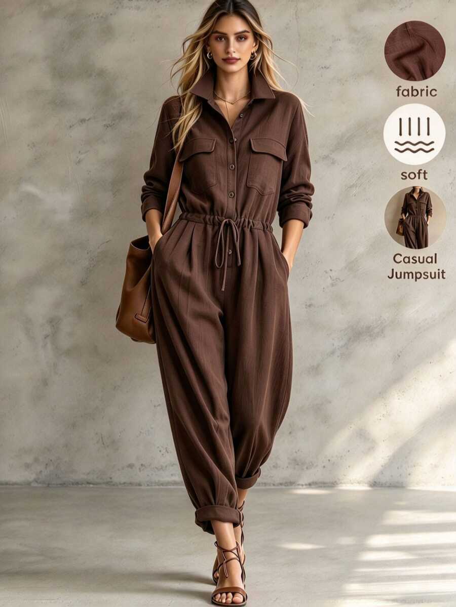Trelyra Women's Dark Brown Vintage Casual Jumpsuit With Waist Cinched Design, Suitable For Outings, Commuting, Holidays, Autumn Wear Everyday Travel