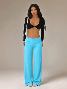 SHEIN PETITE 天藍色高腰寬腿寬鬆休閒長褲 居家冬季款 - 淺藍色 - 查看 5