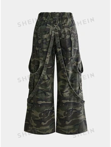 ROMWE Grunge Punk Punk Street Style Plus Size Women's Cargo Pants Camouflage Print Multi-Pocket Loose Wide Leg Denim Jeans Streetwear Pants - Multicolor - View 2