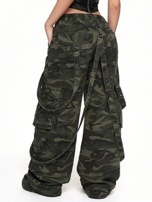 ROMWE Grunge Punk Punk Street Style Plus Size Women's Cargo Pants Camouflage Print Multi-Pocket Loose Wide Leg Denim Jeans Streetwear Pants - Multicolor - View 1