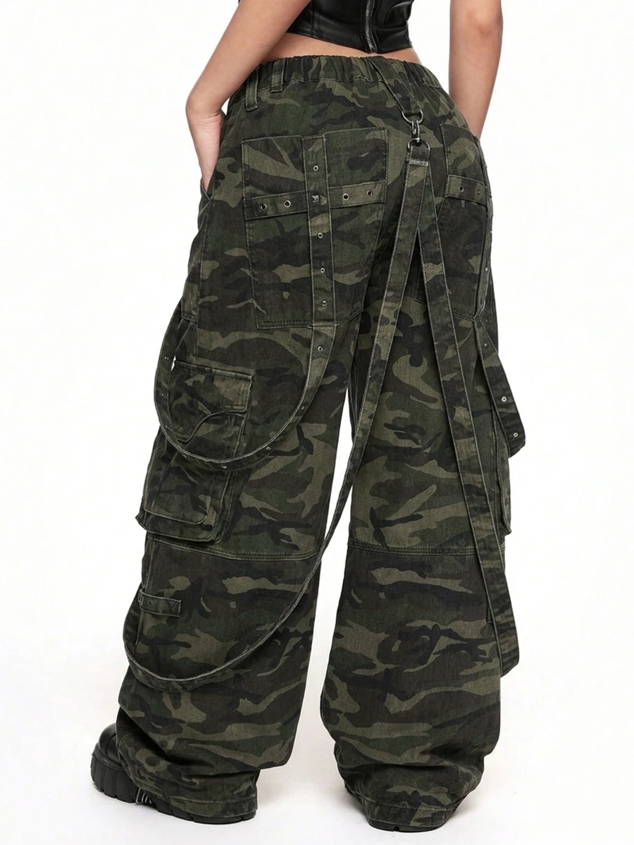ROMWE Grunge Punk Punk Street Style Plus Size Women's Cargo Pants Camouflage Print Multi-Pocket Loose Wide Leg Denim Jeans Streetwear Pants - Multicolor - View 1