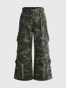 ROMWE Grunge Punk Punk Street Style Plus Size Women's Cargo Pants Camouflage Print Multi-Pocket Loose Wide Leg Denim Jeans Streetwear Pants - Multicolor - View 6