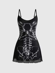 ROMWE Spring/Summer Baech Graphic Black Gothic Retro Romantic Skeleton Print Women Slip Dress