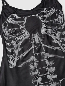 ROMWE Spring/Summer Baech Graphic Black Gothic Retro Romantic Skeleton Print Women Slip Dress - Black - View 4