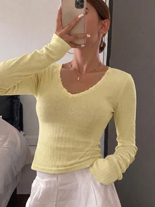Livesso 秋季淡黃色圓領長袖純色寬鬆休閒落肩百搭女款T恤 - 淡黃色 - 查看 1