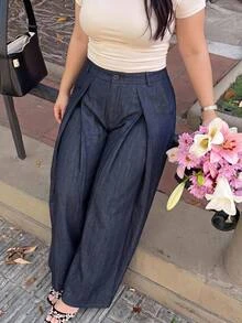 SHEIN MOD Fashion Plus Size Women's Elegant Deep Blue Wide Leg Suit Pants, Casual, Commute - Blue - View 6