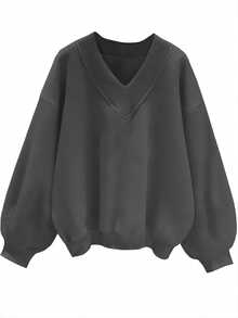 SHEIN EZwear Casual Minimalist Dark Gray Women's V-Neck Oversized Loose Fit Sweatshirt Suitable For Autumn/Winter Fall Sweatshirts - Dark Grey - View 1