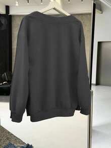 SHEIN EZwear Casual Minimalist Dark Gray Women's V-Neck Oversized Loose Fit Sweatshirt Suitable For Autumn/Winter Fall Sweatshirts - Dark Grey - View 2