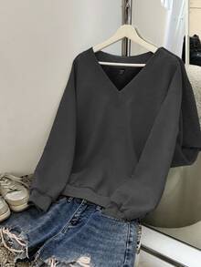SHEIN EZwear Casual Minimalist Dark Gray Women's V-Neck Oversized Loose Fit Sweatshirt Suitable For Autumn/Winter Fall Sweatshirts - Dark Grey - View 3