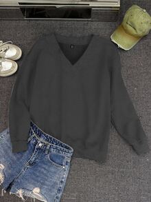 SHEIN EZwear Casual Minimalist Dark Gray Women's V-Neck Oversized Loose Fit Sweatshirt Suitable For Autumn/Winter Fall Sweatshirts - Dark Grey - View 6