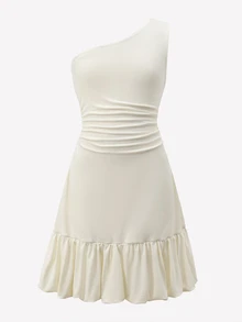 SHEIN Soft Beige Asymmetrical Shoulder Spaghetti Strap Dress, Elastic Slim Fit, Asymmetrical Hem With Bubble Ruffle, Elegant Short Dress - Apricot - View 8