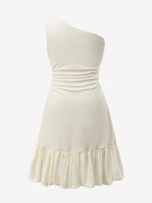 SHEIN Soft Beige Asymmetrical Shoulder Spaghetti Strap Dress, Elastic Slim Fit, Asymmetrical Hem With Bubble Ruffle, Elegant Short Dress - Apricot - View 2