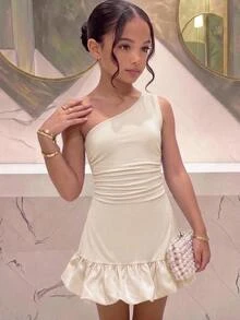 SHEIN Soft Beige Asymmetrical Shoulder Spaghetti Strap Dress, Elastic Slim Fit, Asymmetrical Hem With Bubble Ruffle, Elegant Short Dress - Apricot - View 1