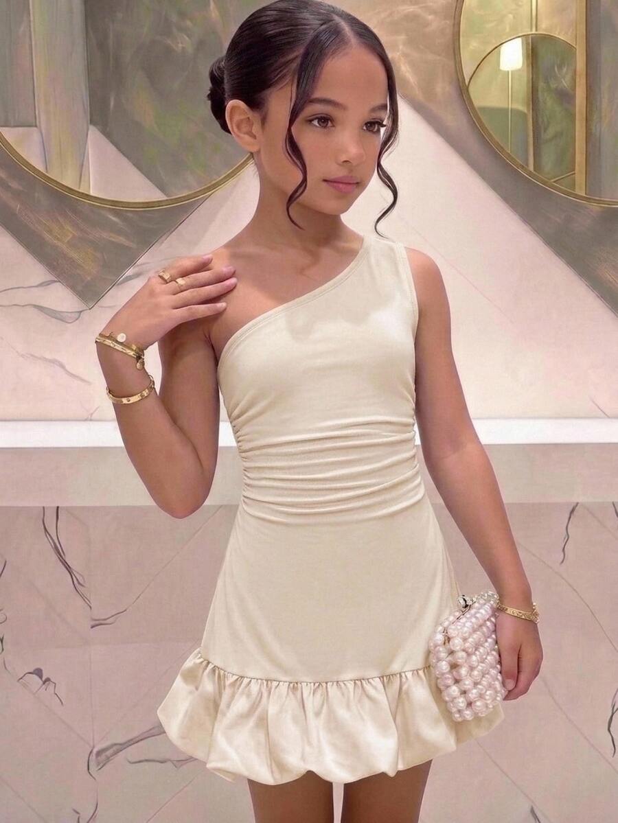 SHEIN Soft Beige Asymmetrical Shoulder Spaghetti Strap Dress, Elastic Slim Fit, Asymmetrical Hem With Bubble Ruffle, Elegant Short Dress - Apricot - View 1