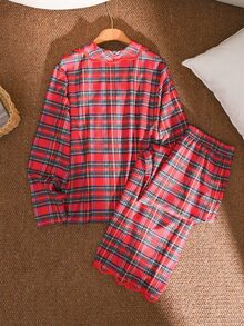 CosyJoli Plus Size Women's Plaid Long Sleeve Top And Pants Casual Daily 2 Pieces Set Christmas, Fall/Winter, Thanksgiving, New Year - Red - View 2