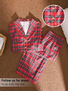 CosyJoli Plus Size Women's Plaid Long Sleeve Top And Pants Casual Daily 2 Pieces Set Christmas, Fall/Winter, Thanksgiving, New Year - Red - View 1