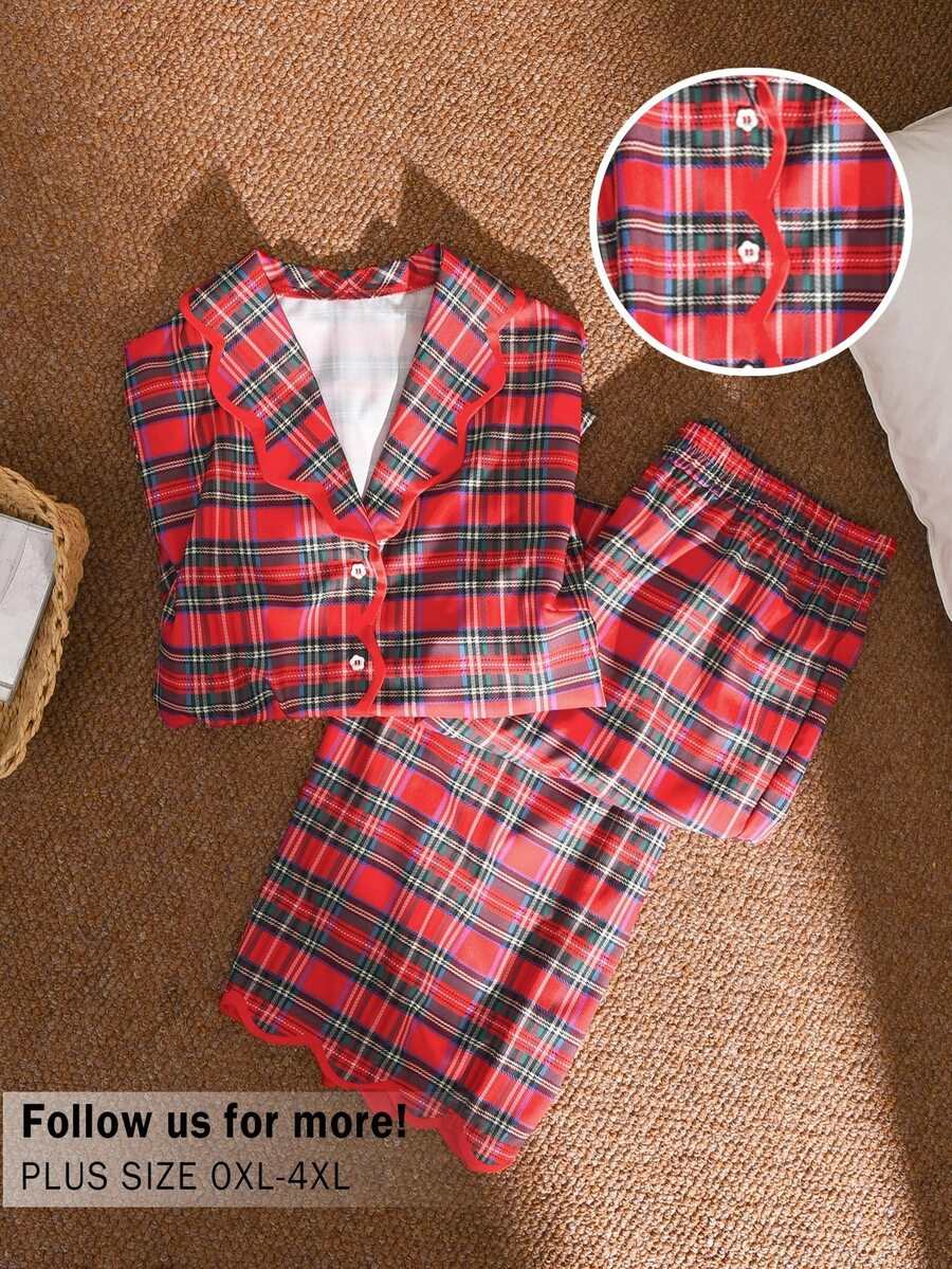 CosyJoli Plus Size Women's Plaid Long Sleeve Top And Pants Casual Daily 2 Pieces Set Christmas, Fall/Winter, Thanksgiving, New Year - Red - View 1