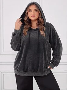 SHEIN CURVE+ 大尺碼套頭運動衫，水洗布料，長袖，黑色休閒運動衫，2026 22W 女款萬聖節服裝，秋冬季 - 黑色 - 查看 5