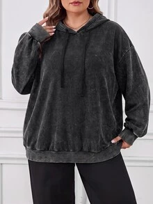 SHEIN CURVE+ 大尺碼套頭運動衫，水洗布料，長袖，黑色休閒運動衫，2026 22W 女款萬聖節服裝，秋冬季 - 黑色 - 查看 6