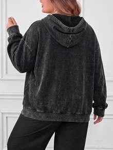 SHEIN CURVE+ 大尺碼套頭運動衫，水洗布料，長袖，黑色休閒運動衫，2026 22W 女款萬聖節服裝，秋冬季 - 黑色 - 查看 2