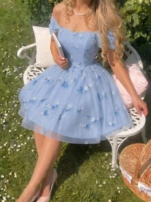 Skyraze Women's Fashionable Elegant Off-Shoulder Embroidered Mini Dress,Dresses For Women Summer - Baby Blue - View 4