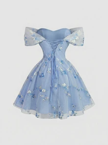 Skyraze Women's Fashionable Elegant Off-Shoulder Embroidered Mini Dress,Dresses For Women Summer - Baby Blue - View 6