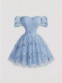 Skyraze Women's Fashionable Elegant Off-Shoulder Embroidered Mini Dress,Dresses For Women Summer - Baby Blue - View 9