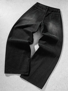 ROMWE MEN Fashion Casual Versatile Printed Vintage Washed Denim Cat Whisker Men's Versatile Denim Long Pants - Black - View 2
