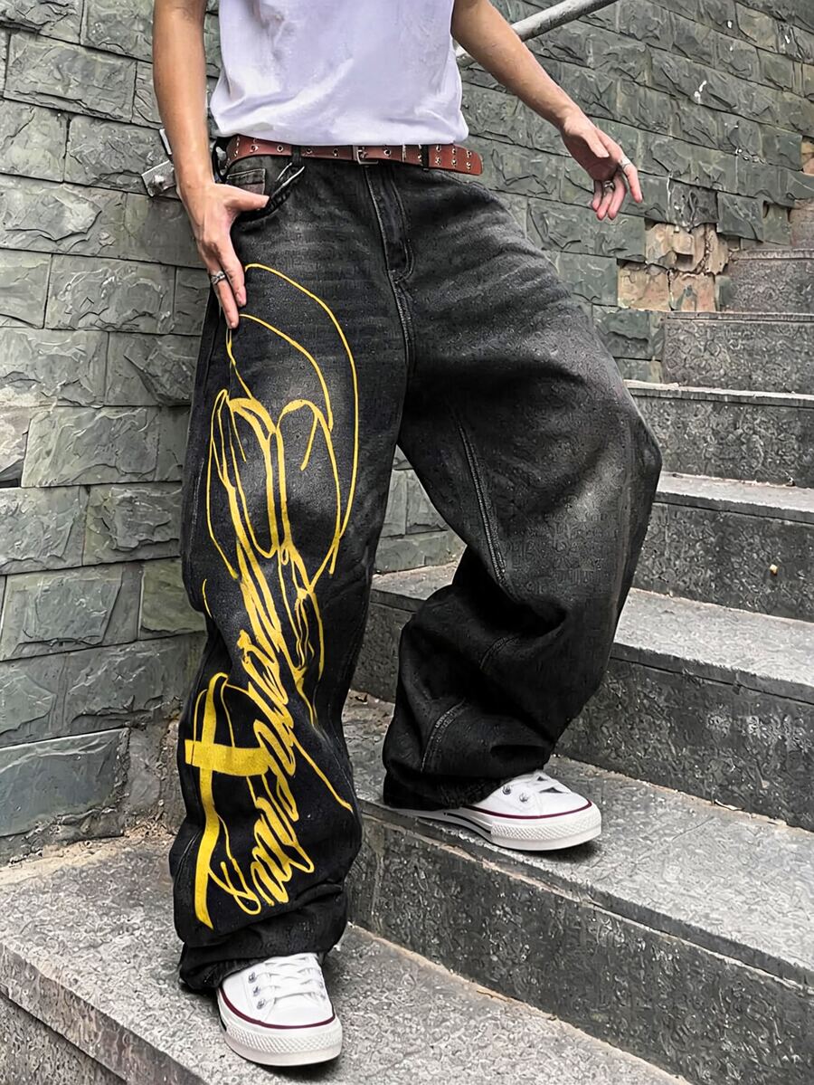 ROMWE MEN Fashion Casual Versatile Printed Vintage Washed Denim Cat Whisker Men's Versatile Denim Long Pants - Black - View 1
