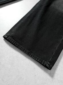 ROMWE MEN Fashion Casual Versatile Printed Vintage Washed Denim Cat Whisker Men's Versatile Denim Long Pants - Black - View 6