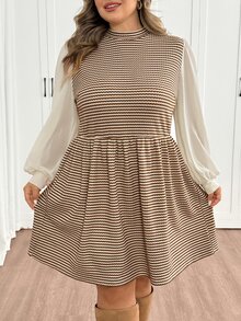 SHEIN CURVE+ Women Plus Size Dress 22W, Autumn/Winter High Neck Patchwork Dress Fall - Multicolor - View 4