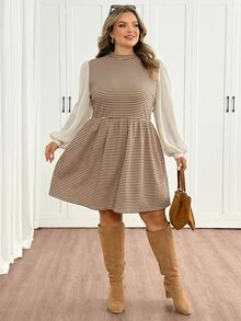 SHEIN CURVE+ Women Plus Size Dress 22W, Autumn/Winter High Neck Patchwork Dress Fall - Multicolor - View 6