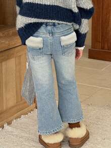 Dazy Kids Young Girl) Casual Denim Flare Pants With Lamb Wool Patchwork, Autumn/Winter - Light Wash - View 5