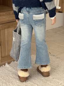 Dazy Kids Young Girl) Casual Denim Flare Pants With Lamb Wool Patchwork, Autumn/Winter - Light Wash - View 8