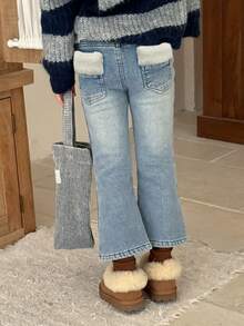 Dazy Kids Young Girl) Casual Denim Flare Pants With Lamb Wool Patchwork, Autumn/Winter - Light Wash - View 3