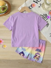 SHEIN 女婴休闲时尚街头卡通女孩乐队图案圆领短袖T恤和短裤套装，适合春夏穿着 - 彩色 - 查看 3
