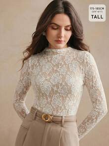 Anewsta Tall Women's Spring/Summer Elegant Floral Lace Mesh White T-Shirt, Suitable For Commuting, Dating, Daily Wear - White - View 2