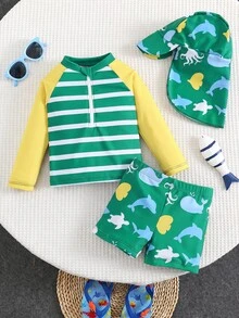 SHEIN 3件組小男孩休閒夏季條紋海洋動物圖案長袖短褲套裝附遮陽帽泳裝，適合春夏、戶外穿著、旅行、度假、海灘、泳池、派對、海邊、溫泉、游泳 - 綠色 - 查看 1