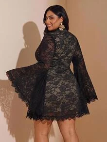 SHEIN CURVE+ Women's Plus Size Dress 22W, Autumn/Winter Sexy Elegant Lace Patchwork Dress For Women Halloween Fall Cocktail Party Beige - Multicolor - View 2