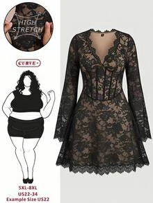SHEIN CURVE+ Women's Plus Size Dress 22W, Autumn/Winter Sexy Elegant Lace Patchwork Dress For Women Halloween Fall Cocktail Party Beige - Multicolor - View 7