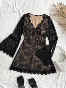 SHEIN CURVE+ Women's Plus Size Dress 22W, Autumn/Winter Sexy Elegant Lace Patchwork Dress For Women Halloween Fall Cocktail Party Beige - Multicolor - View 1