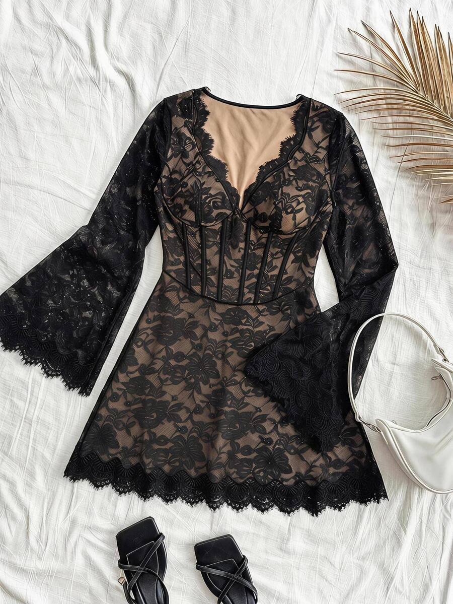 SHEIN CURVE+ Women's Plus Size Dress 22W, Autumn/Winter Sexy Elegant Lace Patchwork Dress For Women Halloween Fall Cocktail Party Beige - Multicolor - View 1